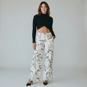 Anthropologie Pilcro Map Print Wide Leg palazzo Cargo Pants Ivory Black 22W
